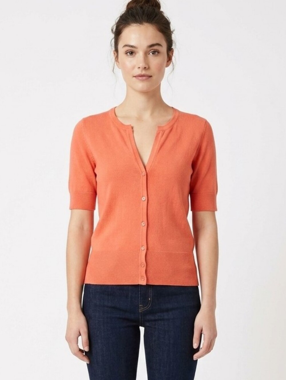 Ann Taylor Coral Peach Short Sleeve V-Neck Button Cardigan Sweater Top Medium